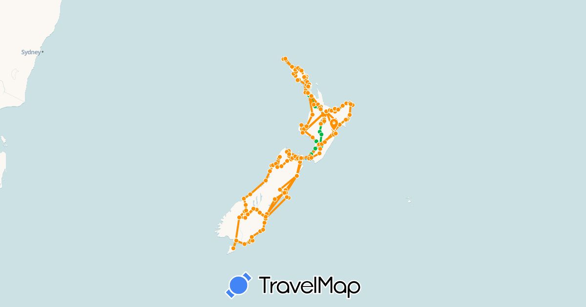 TravelMap itinerary: driving, bus, plane, boat, hitchhiking in New Zealand (Oceania)
